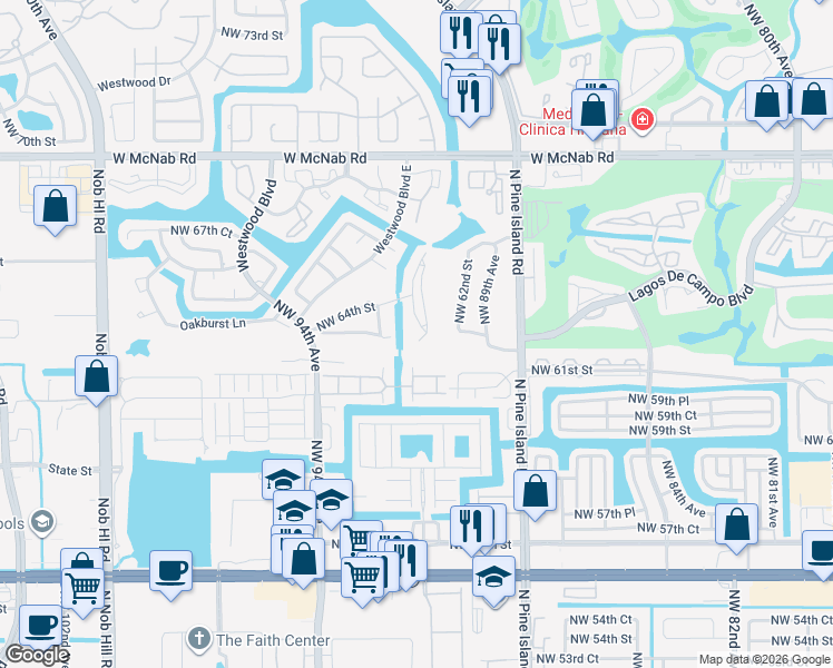 map of restaurants, bars, coffee shops, grocery stores, and more near 6327 Pinehurst Circle in Tamarac