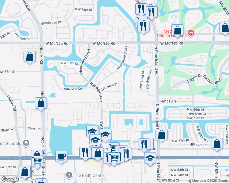 map of restaurants, bars, coffee shops, grocery stores, and more near 9253 Wedgewood Lane in Tamarac