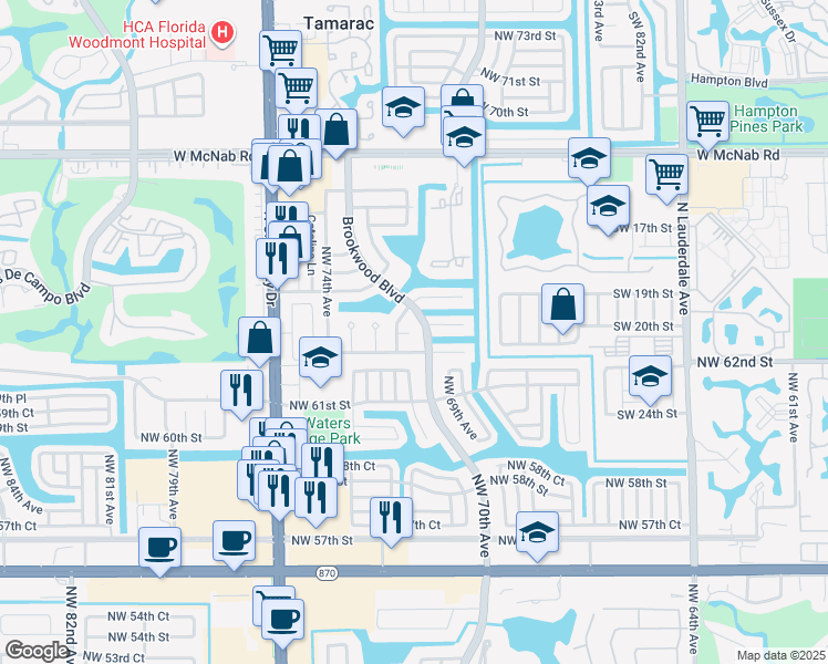 map of restaurants, bars, coffee shops, grocery stores, and more near 7017 Northwest 63rd Court in Tamarac
