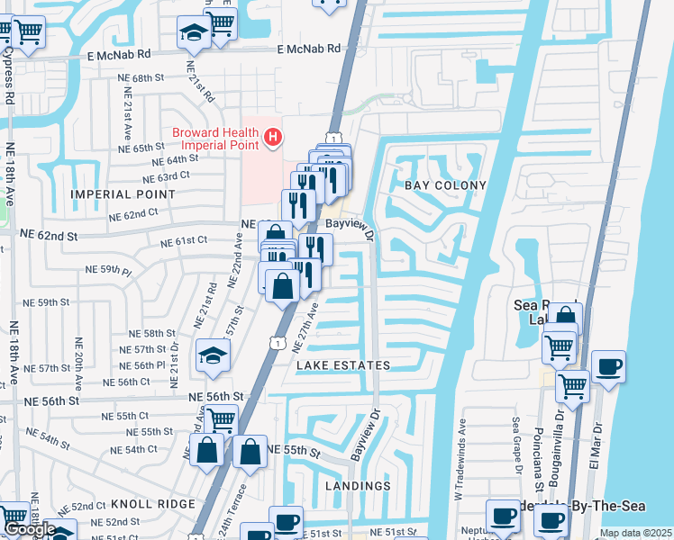 map of restaurants, bars, coffee shops, grocery stores, and more near 2800 Northeast 59th Court in Fort Lauderdale