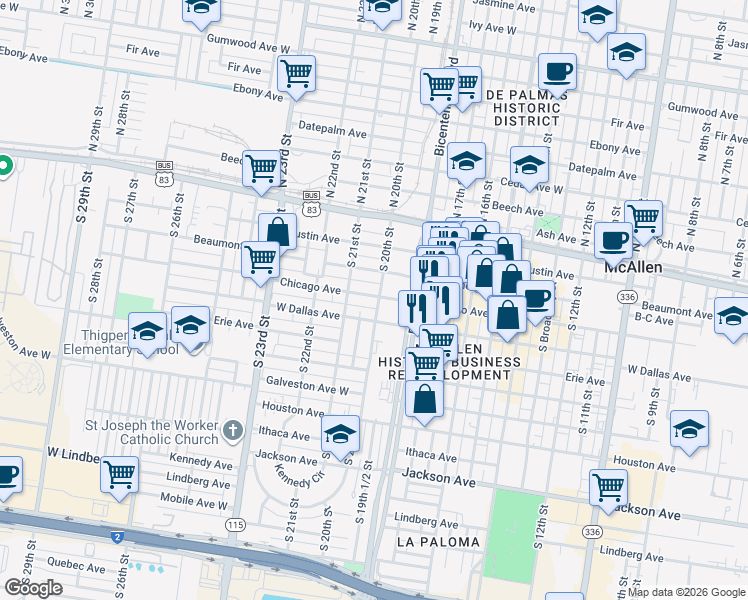 map of restaurants, bars, coffee shops, grocery stores, and more near 2001 Chicago Avenue in McAllen