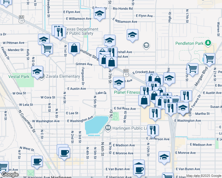 map of restaurants, bars, coffee shops, grocery stores, and more near 700 East Austin Avenue in Harlingen