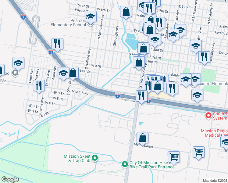 map of restaurants, bars, coffee shops, grocery stores, and more near 328 West Frontage Road North in Mission