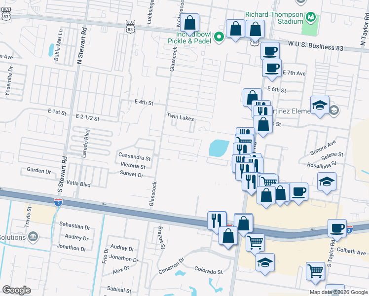 map of restaurants, bars, coffee shops, grocery stores, and more near 109 South Glasscock Road in Mission
