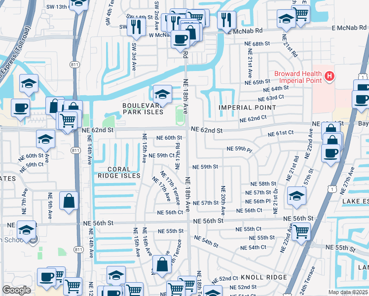 map of restaurants, bars, coffee shops, grocery stores, and more near 5951 Northeast 18th Terrace in Fort Lauderdale