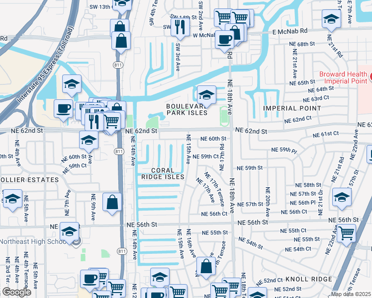 map of restaurants, bars, coffee shops, grocery stores, and more near 5911 Northeast 15th Avenue in Fort Lauderdale