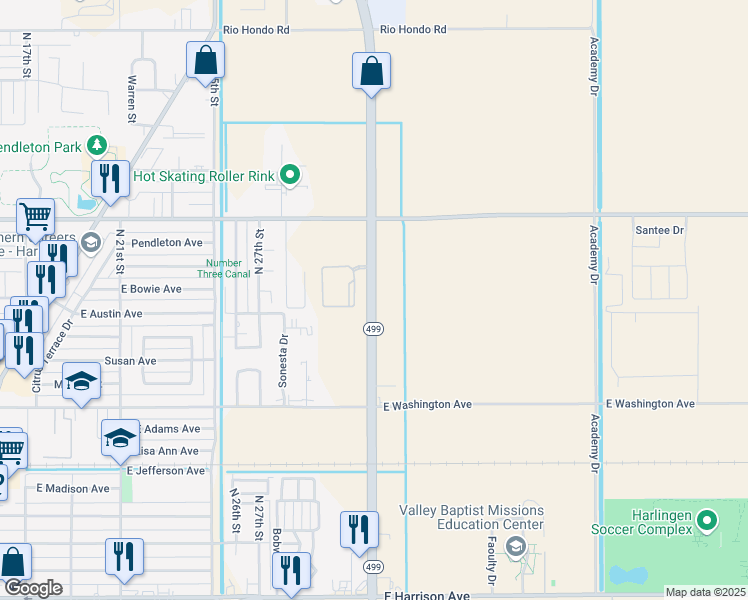map of restaurants, bars, coffee shops, grocery stores, and more near 359-499 North Ed Carey Drive in Harlingen