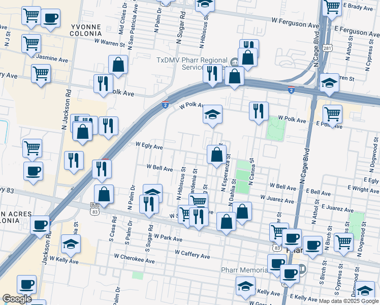 map of restaurants, bars, coffee shops, grocery stores, and more near 515 North Hibiscus Street in Pharr
