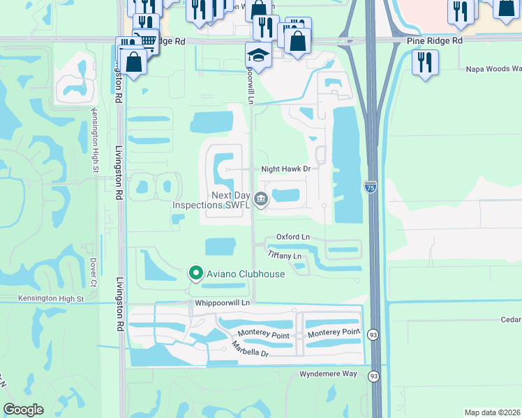 map of restaurants, bars, coffee shops, grocery stores, and more near 1305 Mariposa Circle in Naples