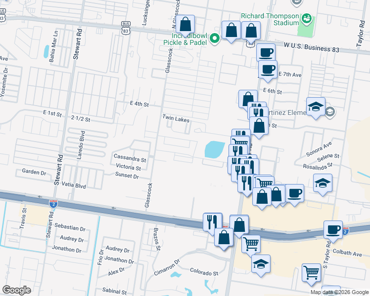 map of restaurants, bars, coffee shops, grocery stores, and more near 109 South Glasscock Road in Mission