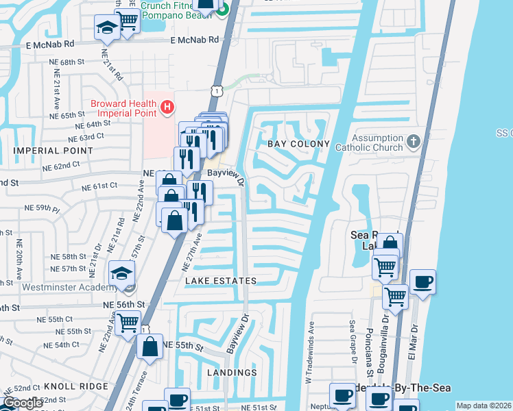 map of restaurants, bars, coffee shops, grocery stores, and more near 30 South Compass Drive in Fort Lauderdale
