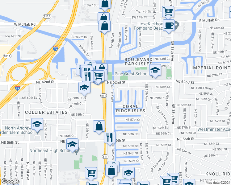 map of restaurants, bars, coffee shops, grocery stores, and more near 5951 Northeast 14th Lane in Fort Lauderdale