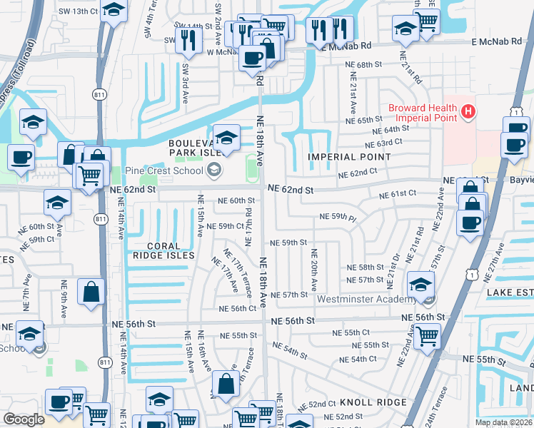 map of restaurants, bars, coffee shops, grocery stores, and more near 5951 Northeast 18th Terrace in Fort Lauderdale
