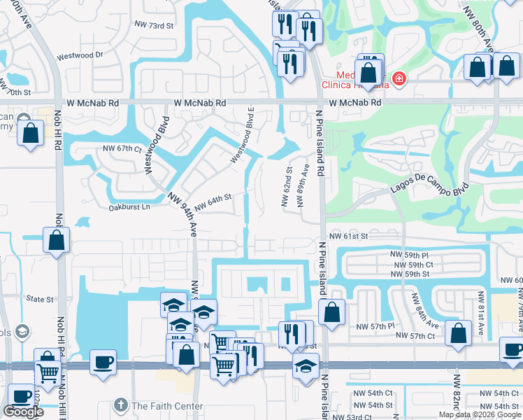 map of restaurants, bars, coffee shops, grocery stores, and more near 6327 Pinehurst Circle in Tamarac