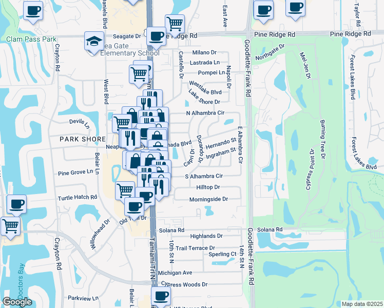 map of restaurants, bars, coffee shops, grocery stores, and more near 4527 Dorando Drive in Naples