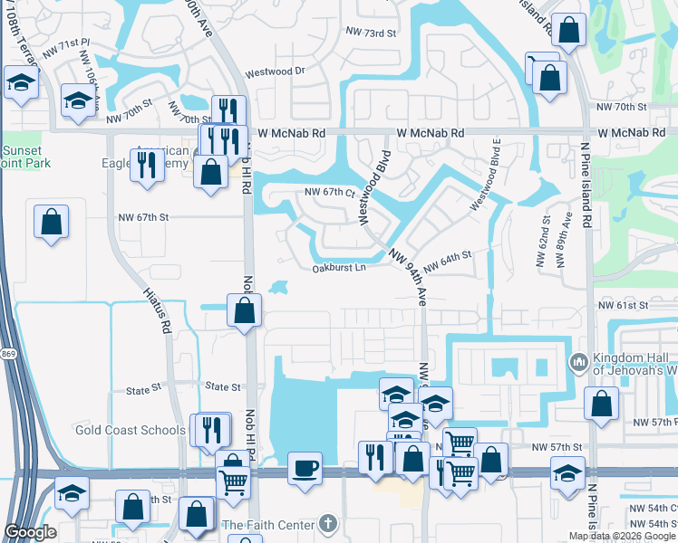 map of restaurants, bars, coffee shops, grocery stores, and more near 9620 Oakburst Lane in Tamarac