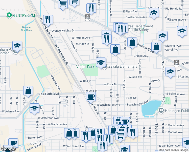 map of restaurants, bars, coffee shops, grocery stores, and more near 1006 North E Street in Harlingen