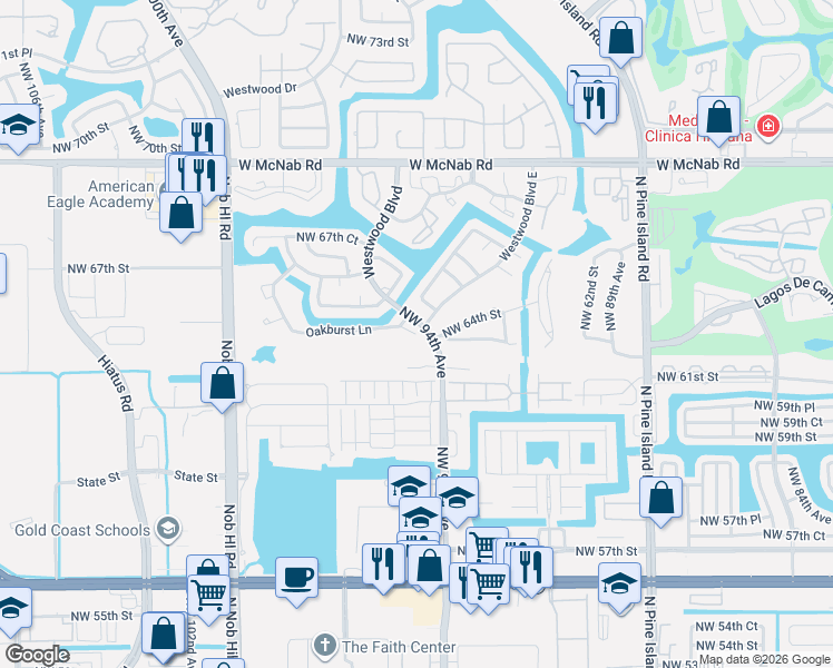 map of restaurants, bars, coffee shops, grocery stores, and more near 94129414 Oakburst Lane in Tamarac