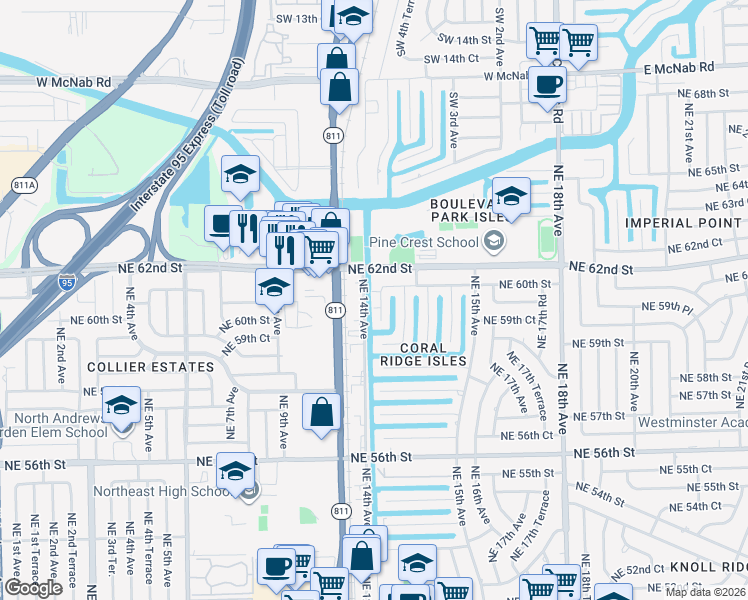 map of restaurants, bars, coffee shops, grocery stores, and more near 6001 Northeast 14th Avenue in Fort Lauderdale