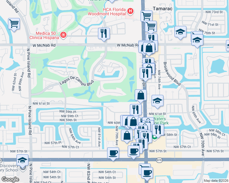 map of restaurants, bars, coffee shops, grocery stores, and more near 7925 Fairview Drive in Tamarac