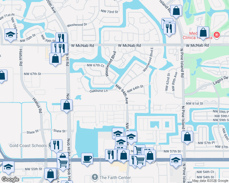 map of restaurants, bars, coffee shops, grocery stores, and more near 9500 Oakburst Lane in Tamarac