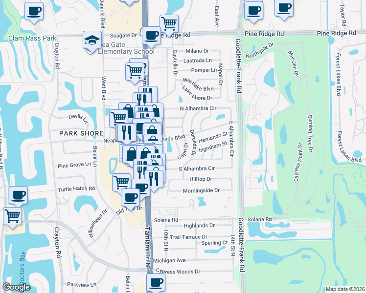map of restaurants, bars, coffee shops, grocery stores, and more near 4527 Dorando Drive in Naples