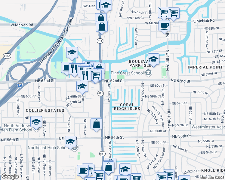 map of restaurants, bars, coffee shops, grocery stores, and more near 6001 Northeast 14th Avenue in Fort Lauderdale