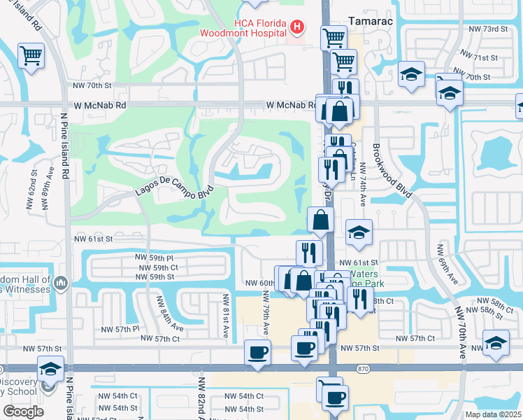 map of restaurants, bars, coffee shops, grocery stores, and more near 7925 Fairview Drive in Tamarac