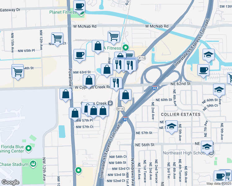 map of restaurants, bars, coffee shops, grocery stores, and more near 200 West Cypress Creek Road in Fort Lauderdale