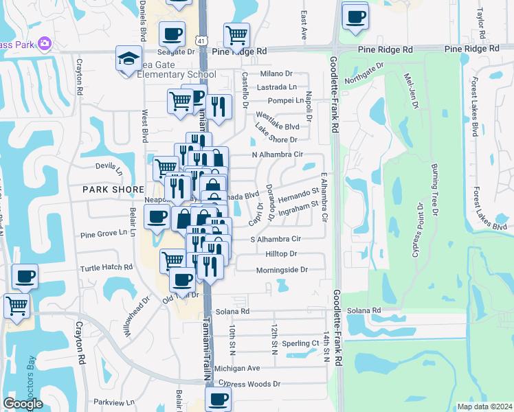 map of restaurants, bars, coffee shops, grocery stores, and more near 4551 Capri Drive in Naples