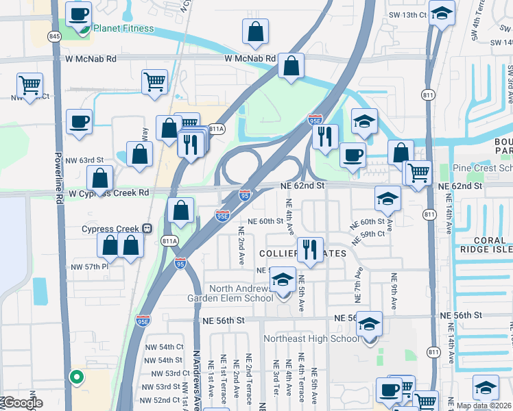 map of restaurants, bars, coffee shops, grocery stores, and more near 250 Northeast 61st Street in Fort Lauderdale