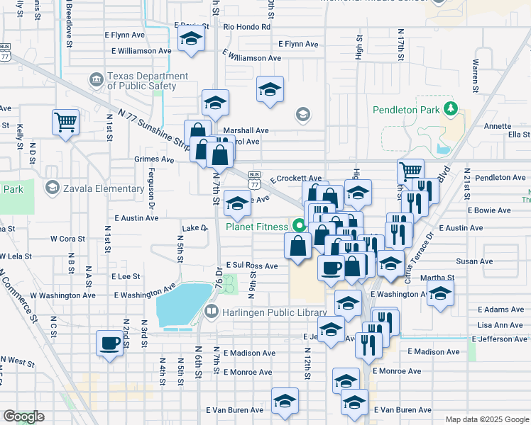 map of restaurants, bars, coffee shops, grocery stores, and more near 916 East Austin Avenue in Harlingen