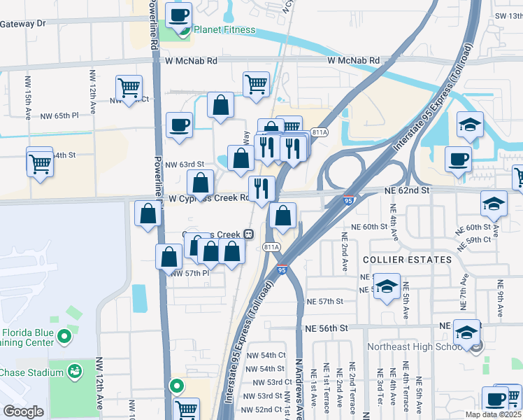 map of restaurants, bars, coffee shops, grocery stores, and more near 200 West Cypress Creek Road in Fort Lauderdale