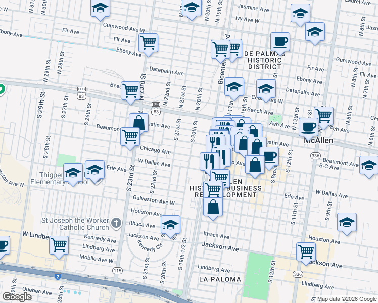 map of restaurants, bars, coffee shops, grocery stores, and more near 2001 Chicago Avenue in McAllen