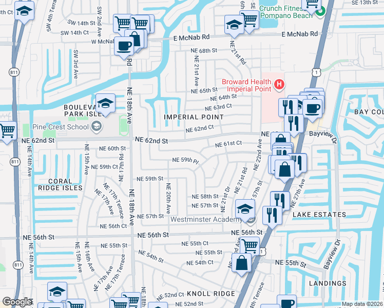 map of restaurants, bars, coffee shops, grocery stores, and more near 2106 Northeast 60th Street in Fort Lauderdale
