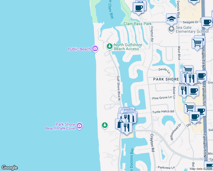map of restaurants, bars, coffee shops, grocery stores, and more near 4501 Gulf Shore Boulevard North in Naples