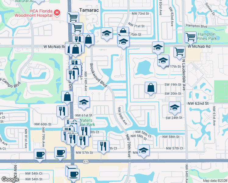 map of restaurants, bars, coffee shops, grocery stores, and more near 7017 Northwest 63rd Court in Tamarac