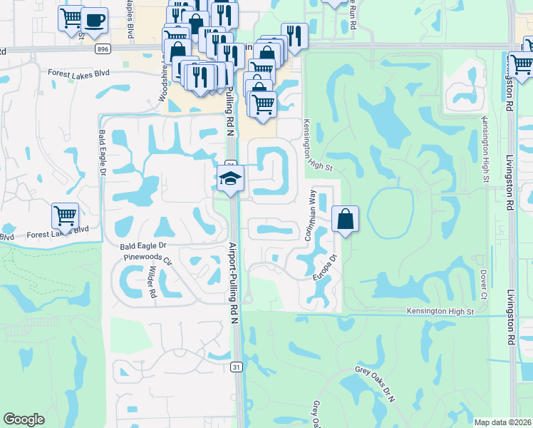 map of restaurants, bars, coffee shops, grocery stores, and more near 3417 Timberwood Circle in Naples