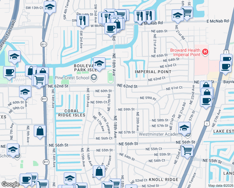 map of restaurants, bars, coffee shops, grocery stores, and more near 5951 Northeast 18th Terrace in Fort Lauderdale