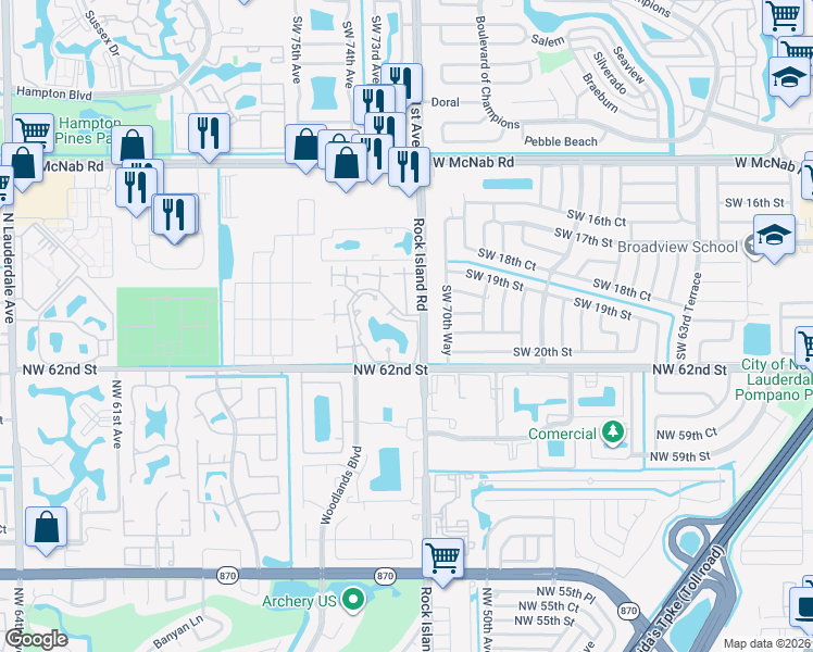 map of restaurants, bars, coffee shops, grocery stores, and more near 2040 Champions Way in North Lauderdale