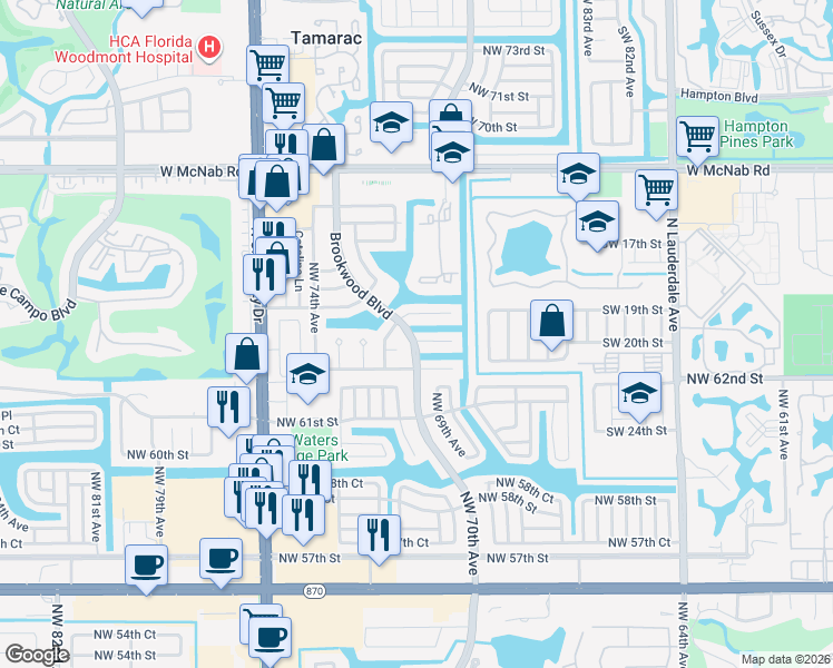map of restaurants, bars, coffee shops, grocery stores, and more near 7017 Northwest 63rd Court in Tamarac
