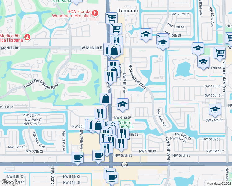 map of restaurants, bars, coffee shops, grocery stores, and more near 6328 Landings Way in Tamarac