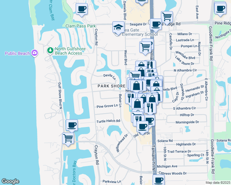 map of restaurants, bars, coffee shops, grocery stores, and more near 581 Neapolitan Lane in Naples