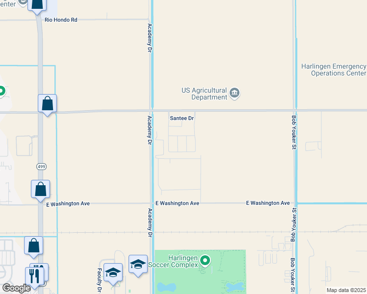 map of restaurants, bars, coffee shops, grocery stores, and more near 1110 Esconido Lane in Harlingen