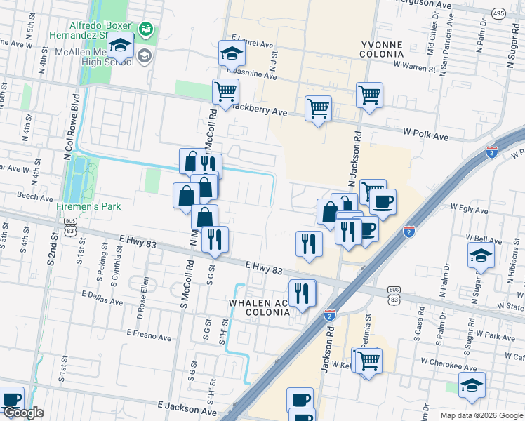 map of restaurants, bars, coffee shops, grocery stores, and more near 1100 East Cedar Avenue in McAllen