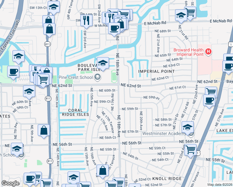 map of restaurants, bars, coffee shops, grocery stores, and more near 5941 Northeast 18th Avenue in Fort Lauderdale