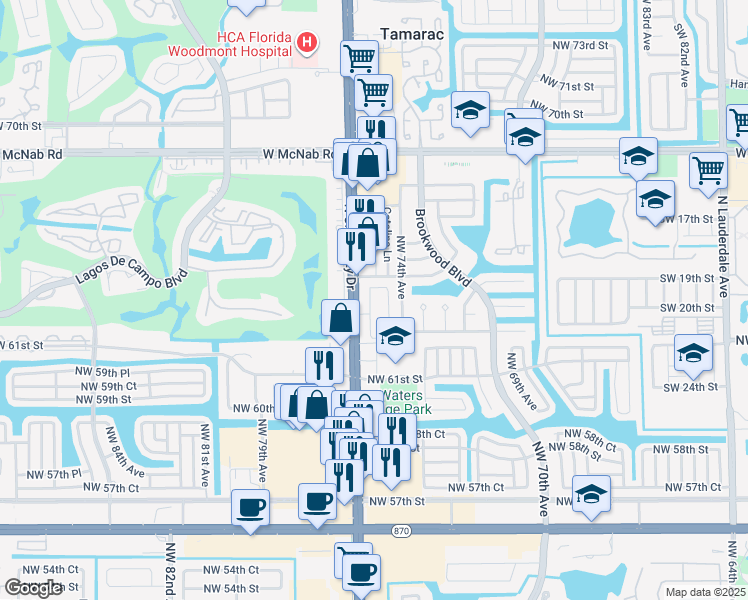map of restaurants, bars, coffee shops, grocery stores, and more near 6328 Landings Way in Tamarac
