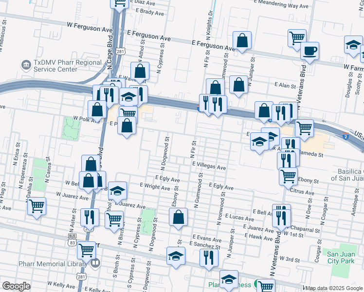 map of restaurants, bars, coffee shops, grocery stores, and more near 1001 North Fir Street in Pharr