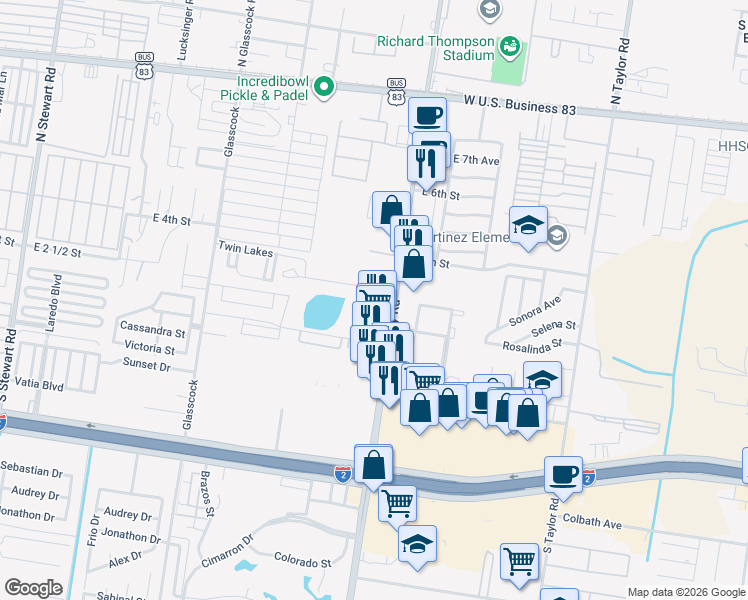 map of restaurants, bars, coffee shops, grocery stores, and more near 303 Farm-To-Market Road 494 in Mission