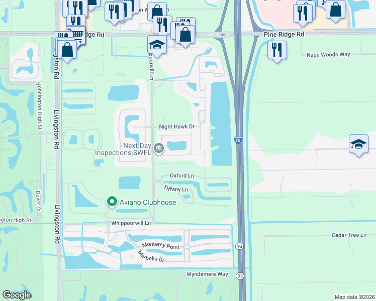 map of restaurants, bars, coffee shops, grocery stores, and more near 1360 Mariposa Circle in Naples